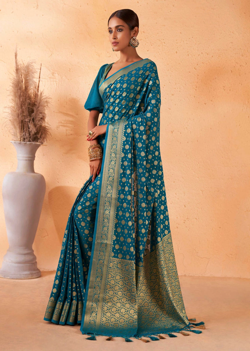 Yale Blue Banarasi - Style Saree in Georgette Silk with Zari Embellishments - House of Sarvati LLC