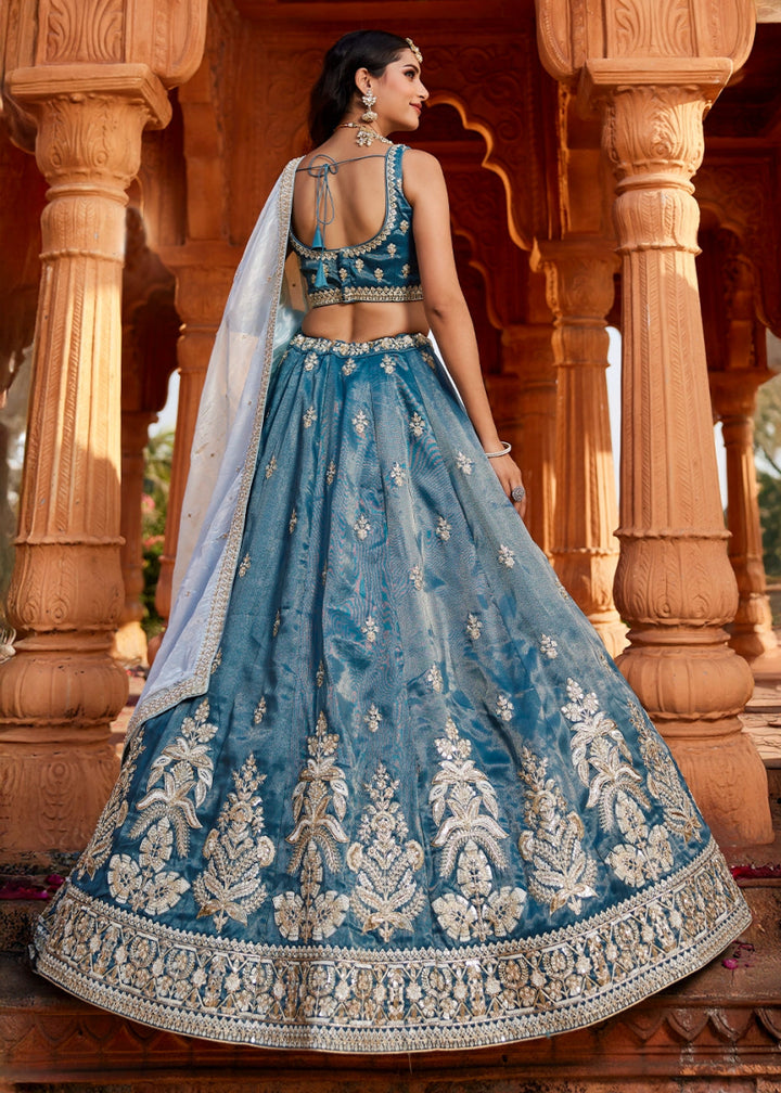Yale Blue Tissue Lehenga Featuring Exquisite Floral & Bead Work - House of Sarvati LLC