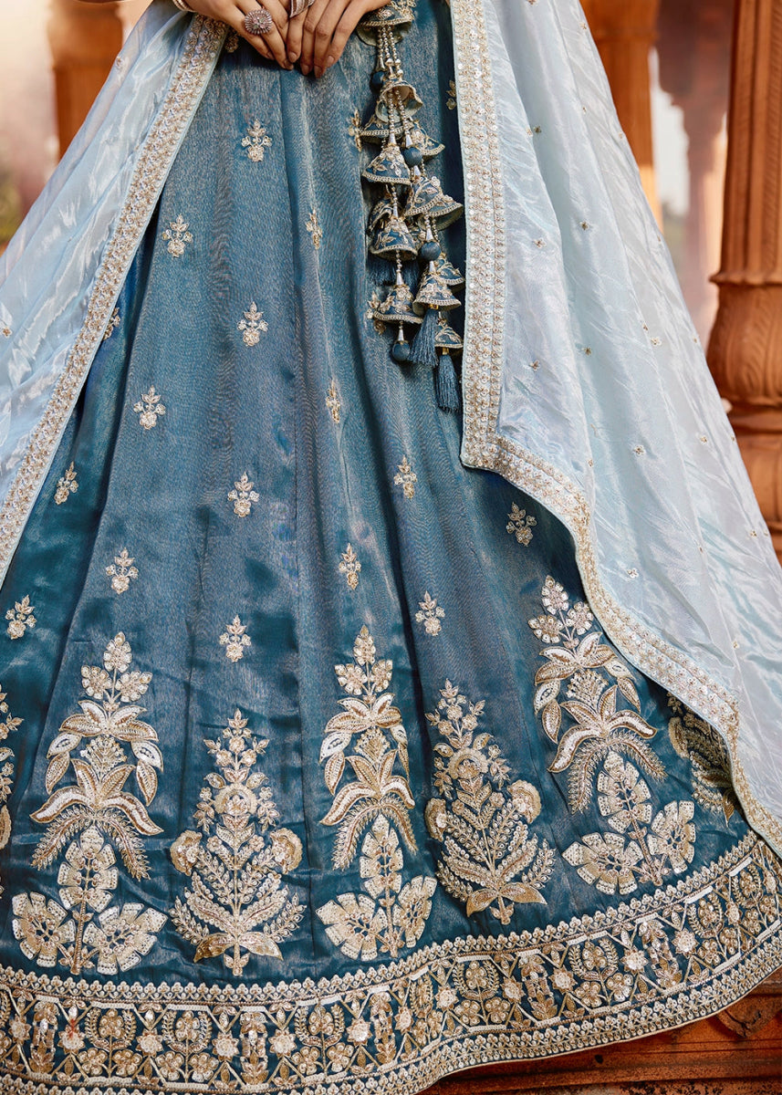 Yale Blue Tissue Lehenga Featuring Exquisite Floral & Bead Work - House of Sarvati LLC