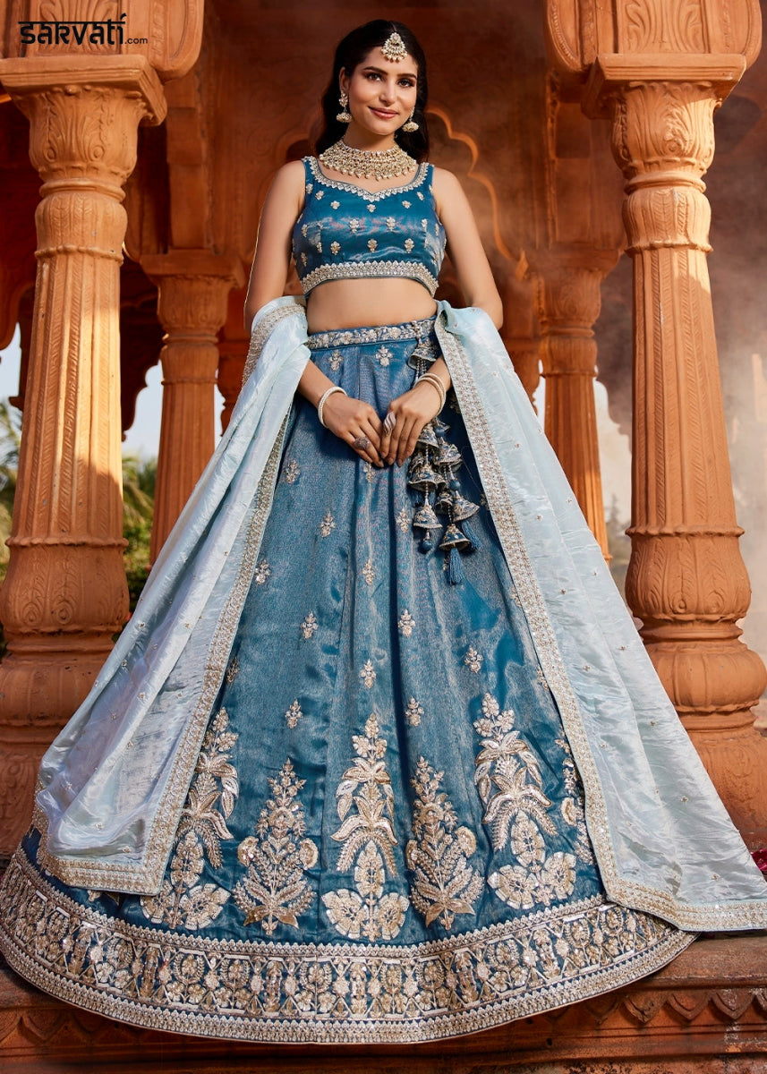Yale Blue Tissue Lehenga Featuring Exquisite Floral & Bead Work - House of Sarvati LLC