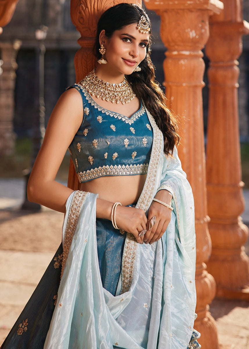 Yale Blue Tissue Lehenga Featuring Exquisite Floral & Bead Work - House of Sarvati LLC