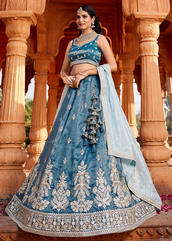 Yale Blue Tissue Lehenga Featuring Exquisite Floral & Bead Work - House of Sarvati LLC