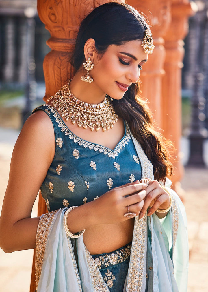 Yale Blue Tissue Lehenga Featuring Exquisite Floral & Bead Work - House of Sarvati LLC