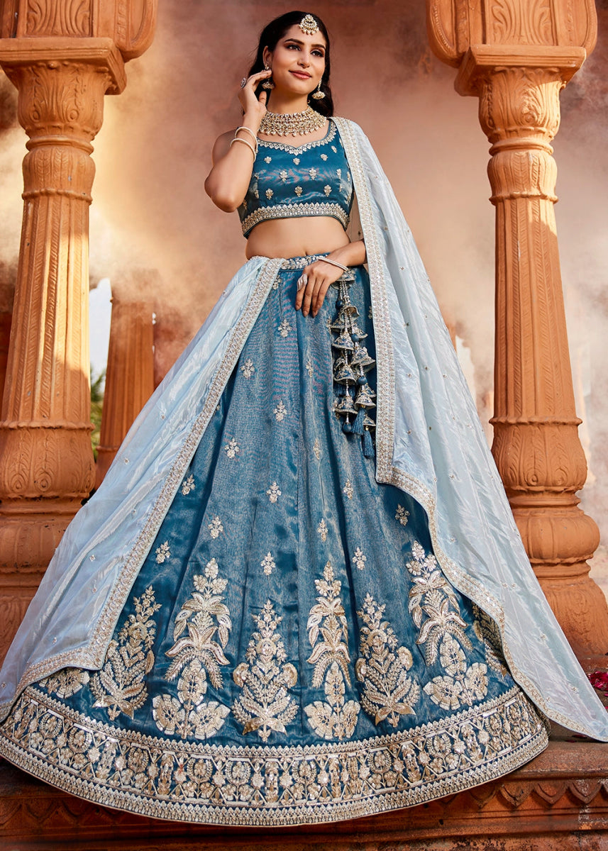 Yale Blue Tissue Lehenga Featuring Exquisite Floral & Bead Work - House of Sarvati LLC