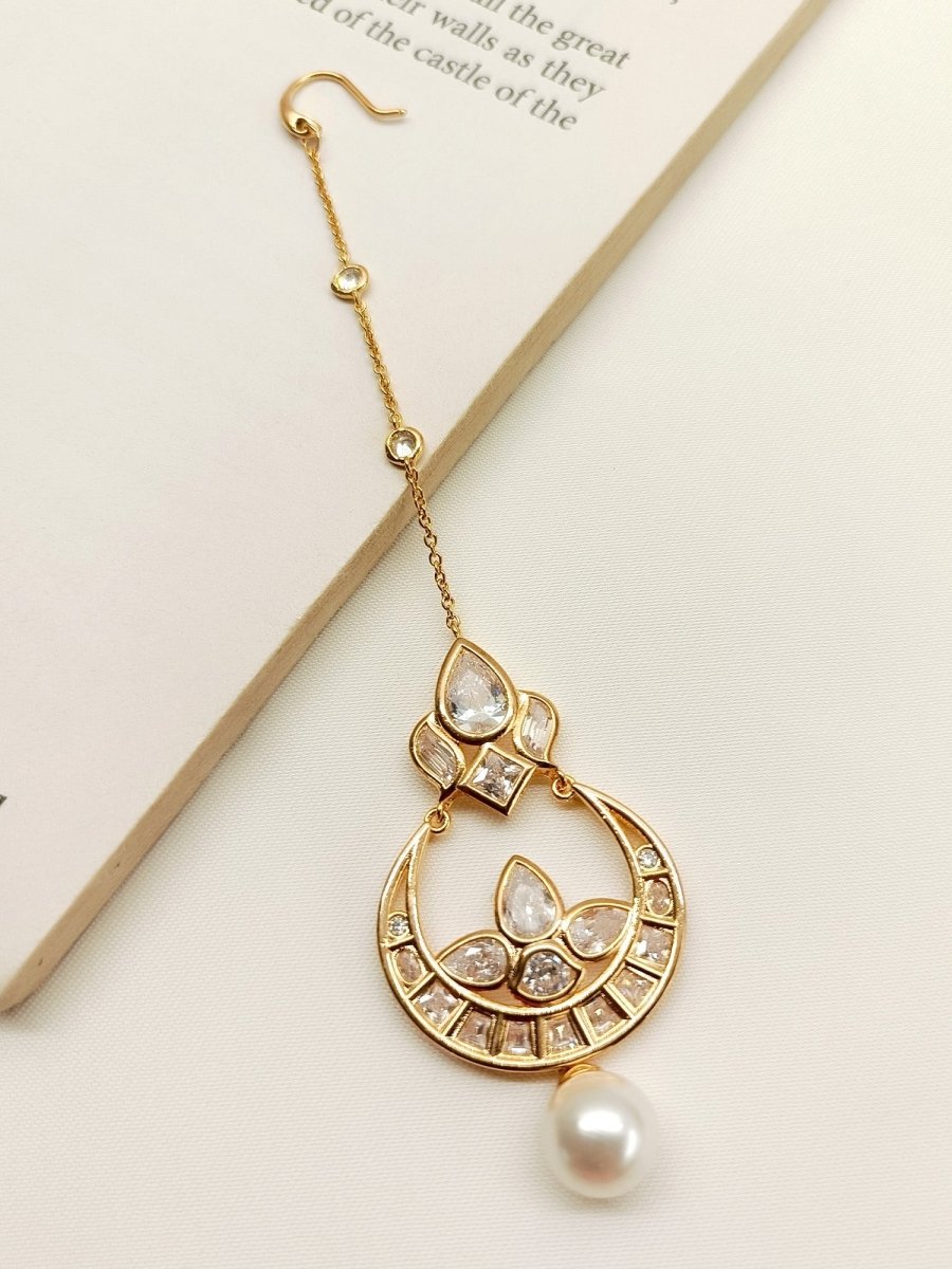 Yamini White American Diamond Maang Teeka - House of Sarvati LLC