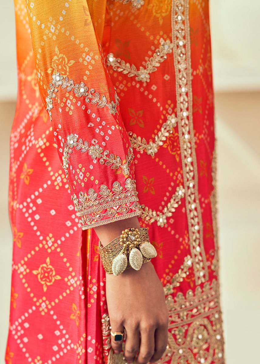Yellow & Red Palazzo Suit with Chinon Silk, Mirror & Jarkan Embellishments - House of Sarvati LLC