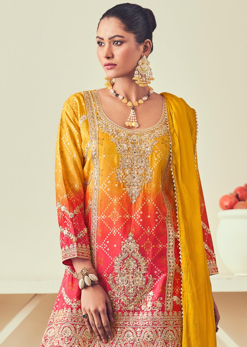 Yellow & Red Palazzo Suit with Chinon Silk, Mirror & Jarkan Embellishments - House of Sarvati LLC
