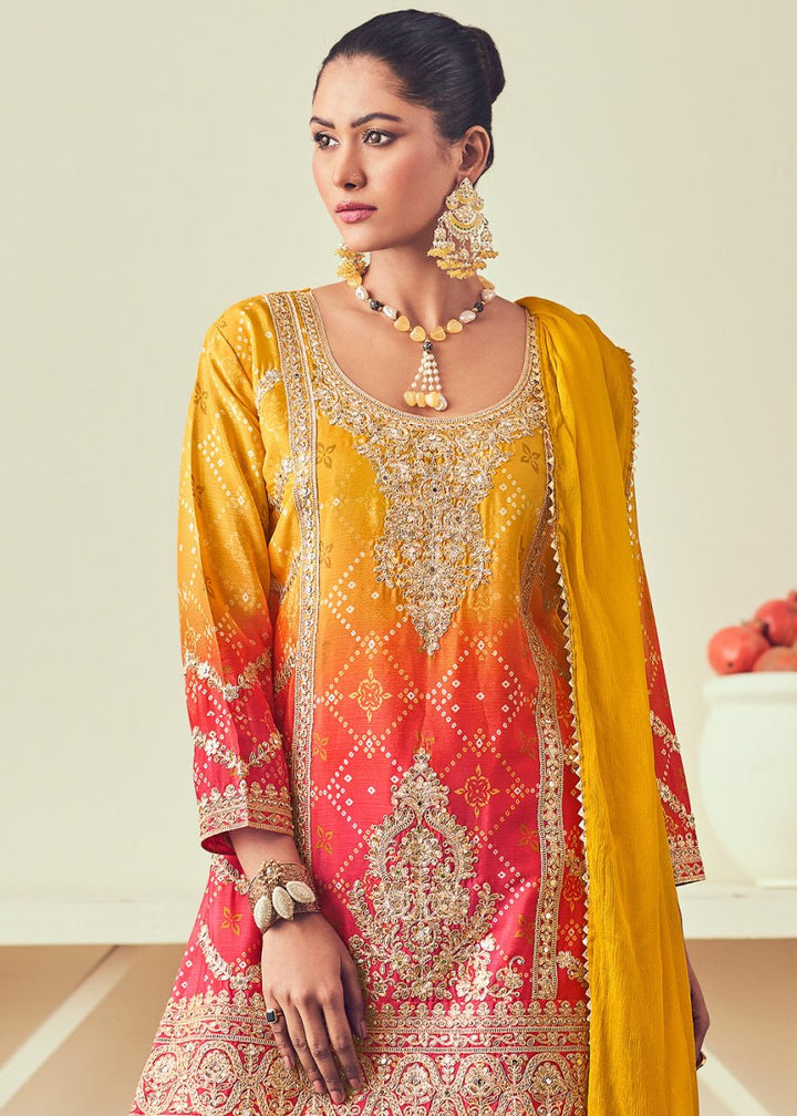 Yellow & Red Palazzo Suit with Chinon Silk, Mirror & Jarkan Embellishments - House of Sarvati LLC