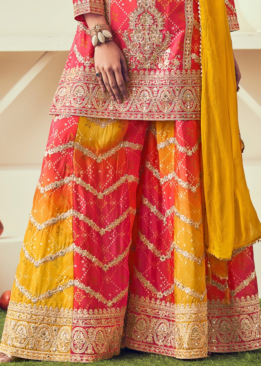 Yellow & Red Palazzo Suit with Chinon Silk, Mirror & Jarkan Embellishments - House of Sarvati LLC