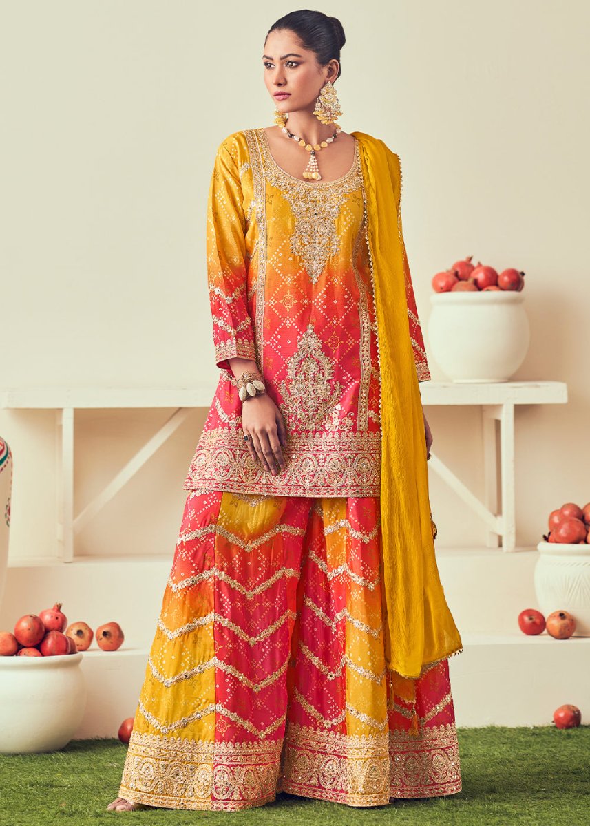 Yellow & Red Palazzo Suit with Chinon Silk, Mirror & Jarkan Embellishments - House of Sarvati LLC