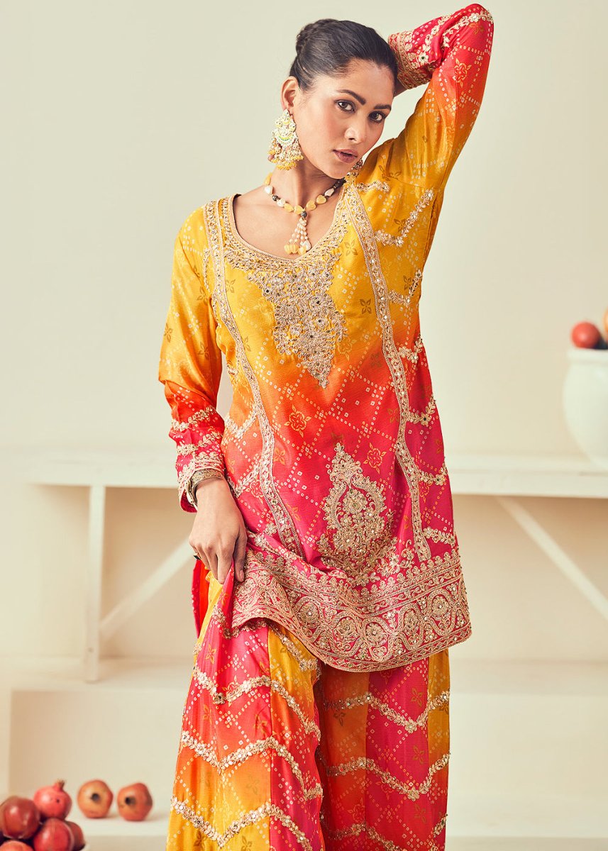 Yellow & Red Palazzo Suit with Chinon Silk, Mirror & Jarkan Embellishments - House of Sarvati LLC