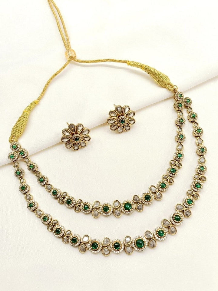 Yuka Green Double layered Polki Necklace Set - House of Sarvati LLC