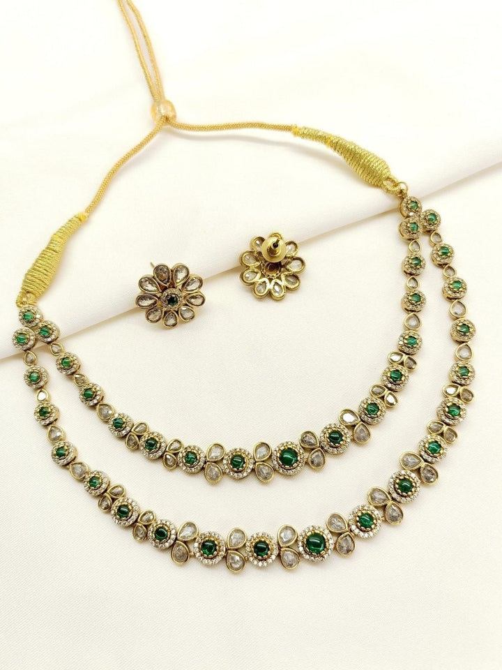 Yuka Green Double layered Polki Necklace Set - House of Sarvati LLC