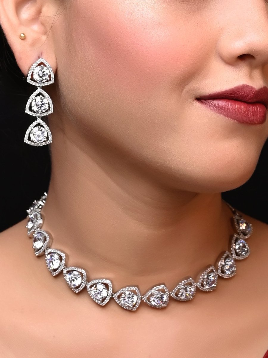 Zaara Silver Plated Semiprecious White Stone American Diamond set - House of Sarvati LLC