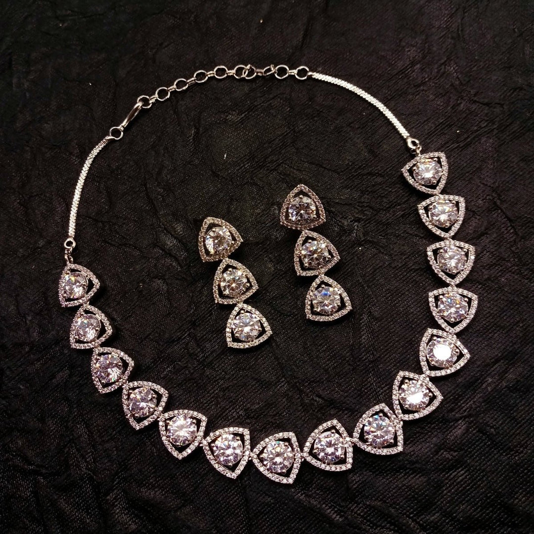 Zaara Silver Plated Semiprecious White Stone American Diamond set - House of Sarvati LLC