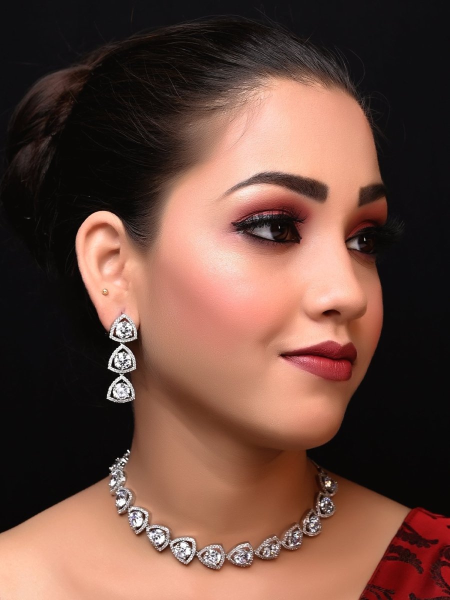 Zaara Silver Plated Semiprecious White Stone American Diamond set - House of Sarvati LLC