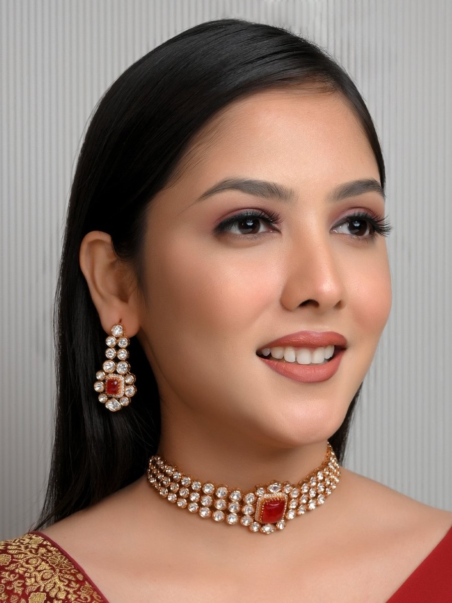 Zada Red Kundan Choker Set - House of Sarvati LLC