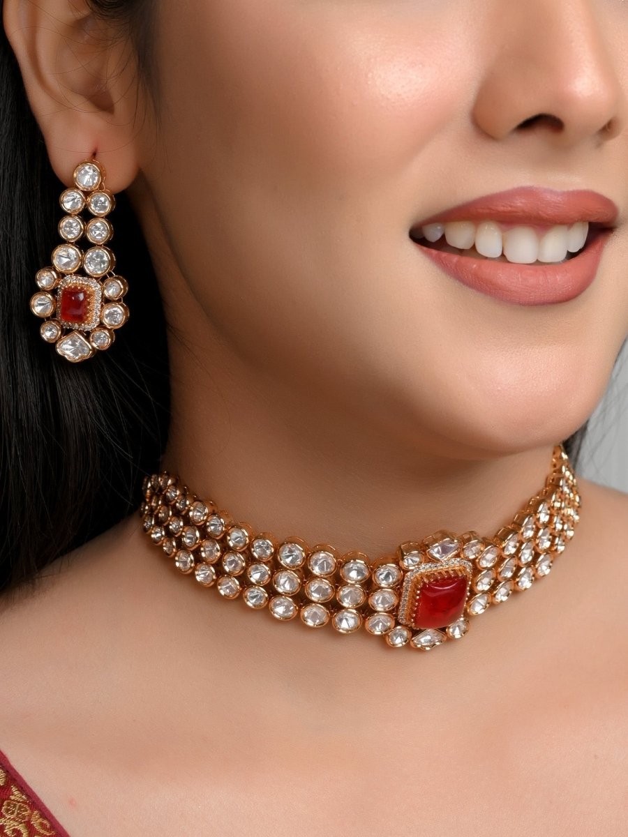 Zada Red Kundan Choker Set - House of Sarvati LLC