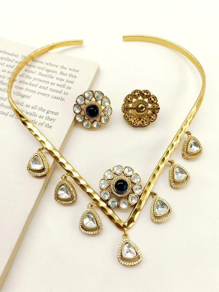 Zaida Navy Blue Hasli Style Kundan Necklace Set - House of Sarvati LLC