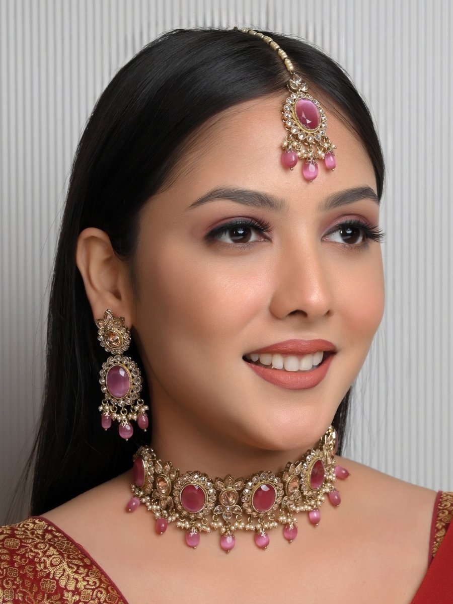 Zeenat Pink Polki Choker Set - House of Sarvati LLC
