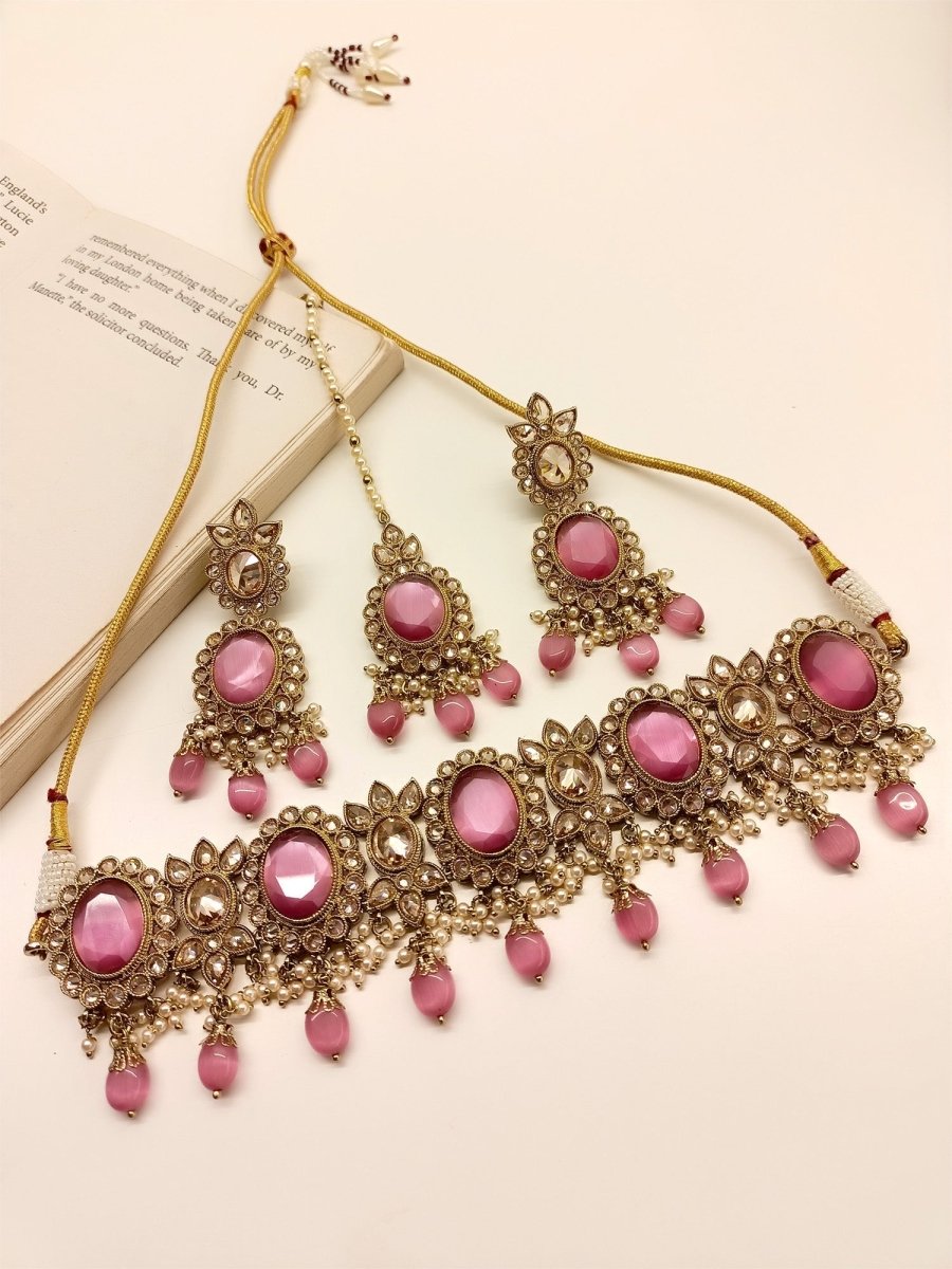 Zeenat Pink Polki Choker Set - House of Sarvati LLC
