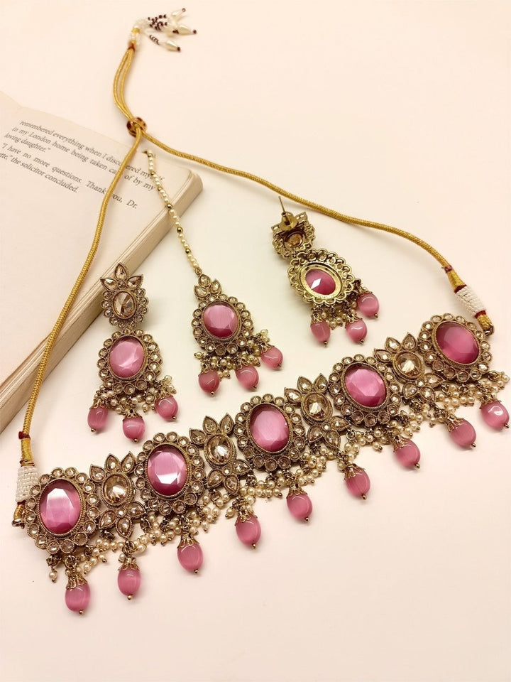 Zeenat Pink Polki Choker Set - House of Sarvati LLC