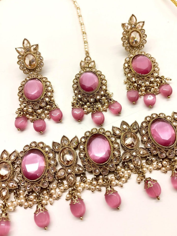 Zeenat Pink Polki Choker Set - House of Sarvati LLC