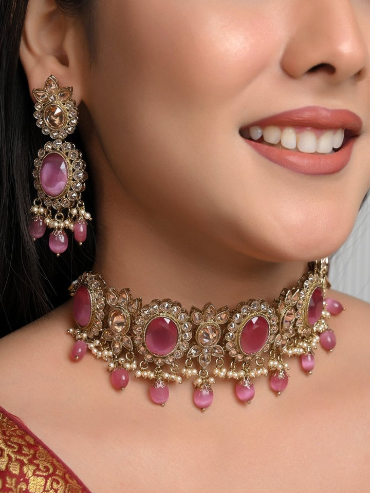 Zeenat Pink Polki Choker Set - House of Sarvati LLC
