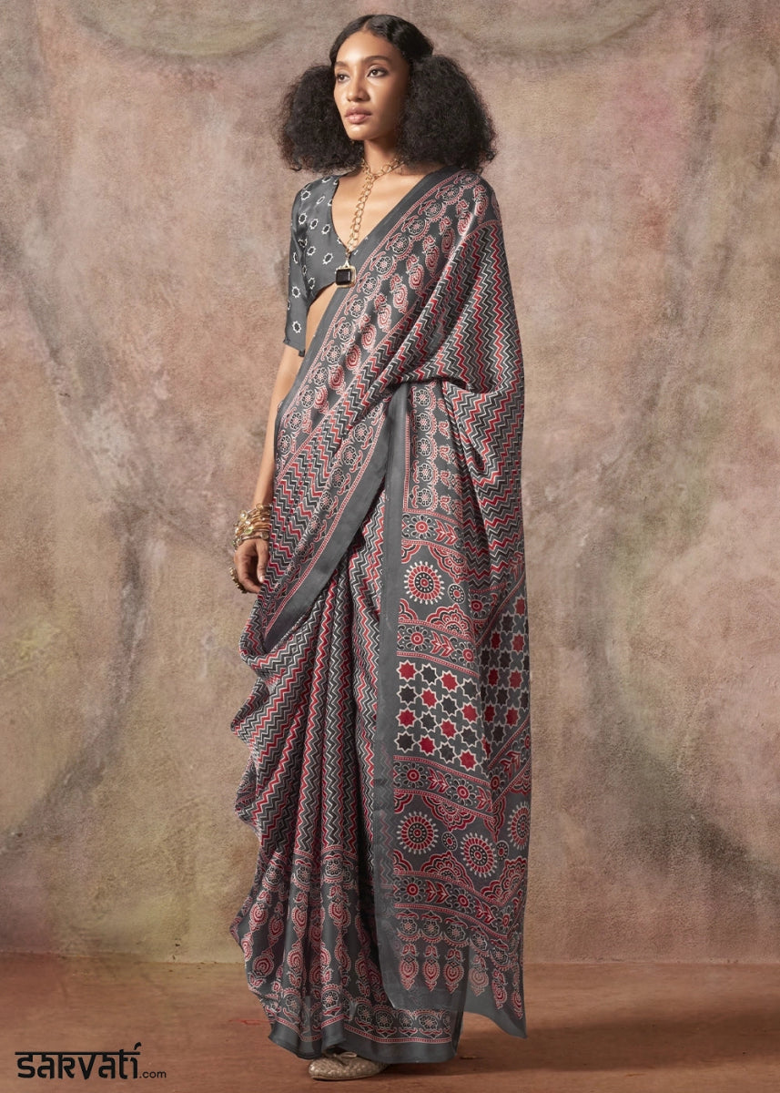 Zinc Grey Printed Satin Georgette Saree with Ajrakh & Bandhani Patterns - House of Sarvati LLC