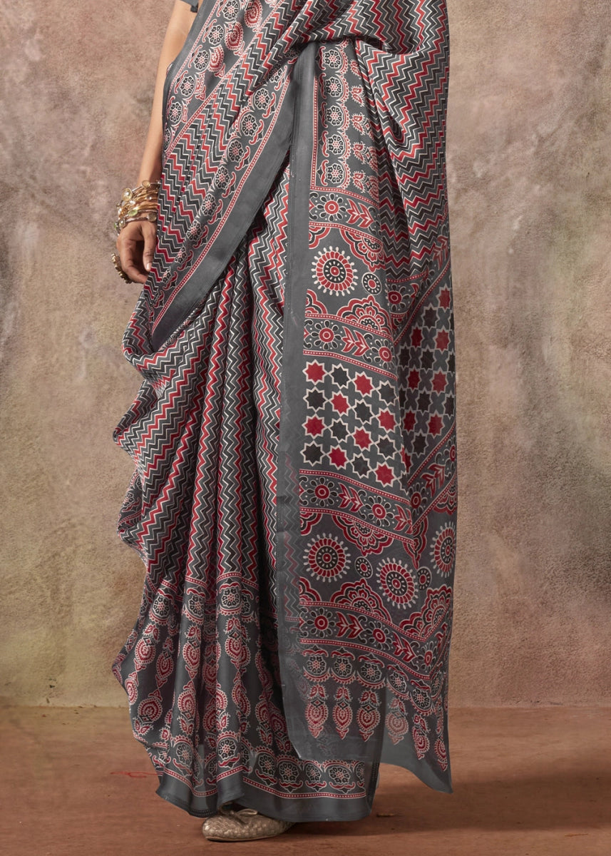 Zinc Grey Printed Satin Georgette Saree with Ajrakh & Bandhani Patterns - House of Sarvati LLC