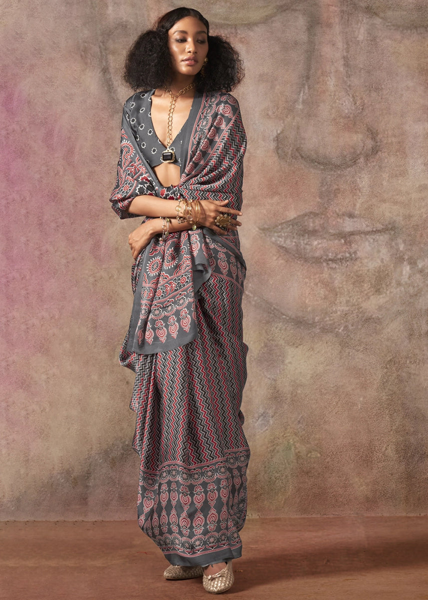 Zinc Grey Printed Satin Georgette Saree with Ajrakh & Bandhani Patterns - House of Sarvati LLC