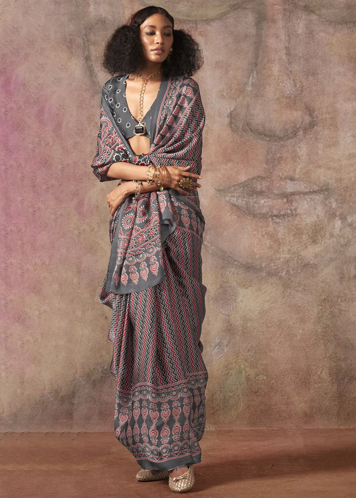 Zinc Grey Printed Satin Georgette Saree with Ajrakh & Bandhani Patterns - House of Sarvati LLC