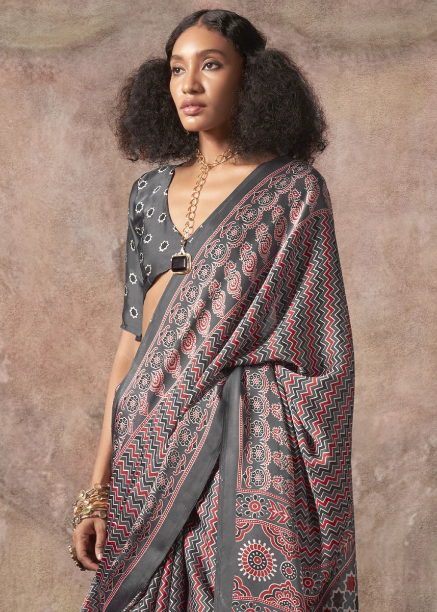 Zinc Grey Printed Satin Georgette Saree with Ajrakh & Bandhani Patterns - House of Sarvati LLC