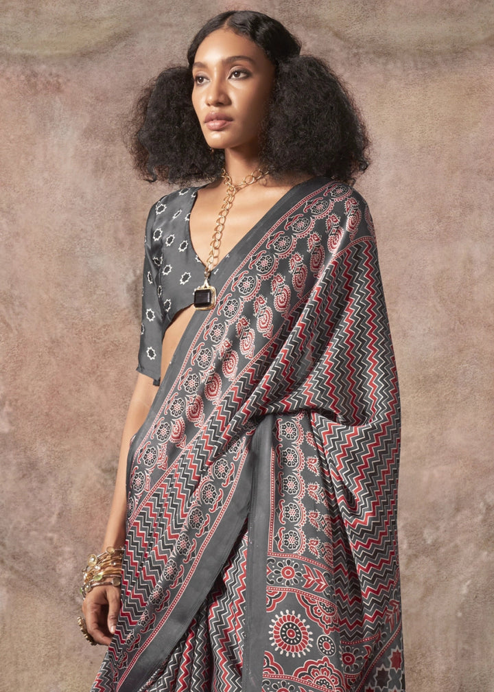 Zinc Grey Printed Satin Georgette Saree with Ajrakh & Bandhani Patterns - House of Sarvati LLC