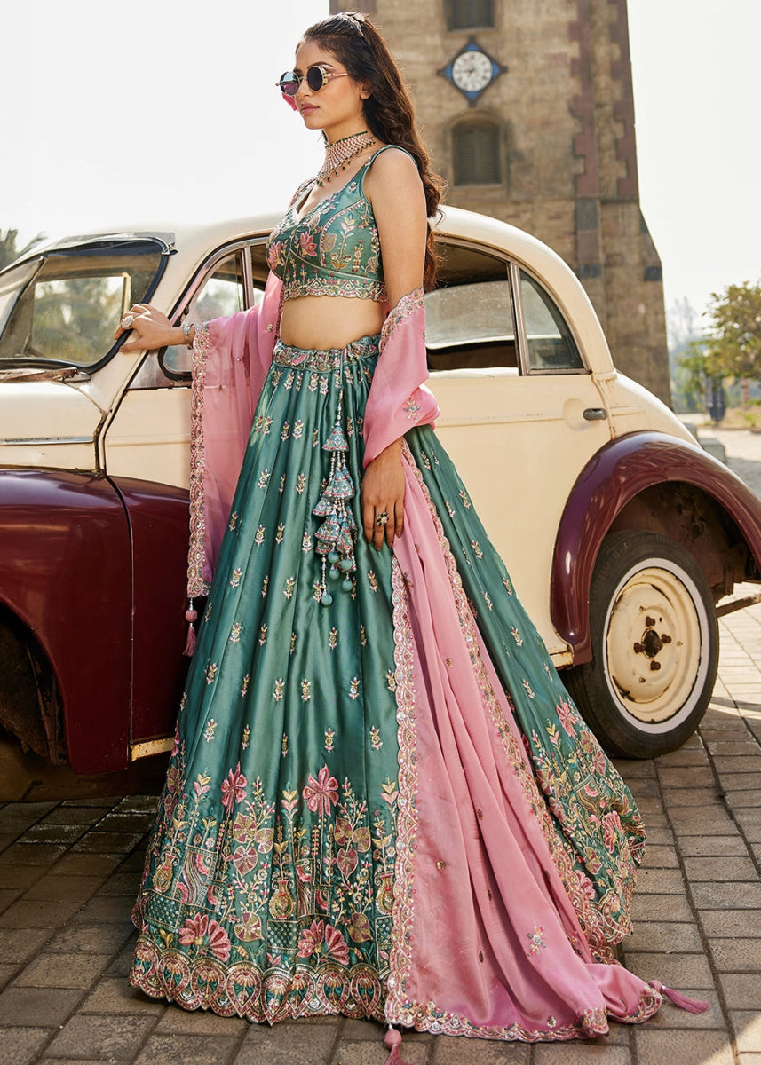 Zomp Green Georgette Lehenga Choli with Sequins and Floral Embroidery - House of Sarvati LLC