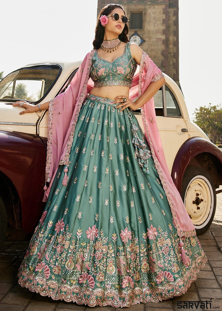 Zomp Green Georgette Lehenga Choli with Sequins and Floral Embroidery - House of Sarvati LLC