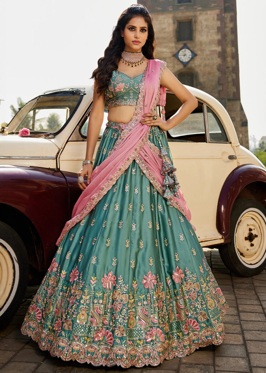 Zomp Green Georgette Lehenga Choli with Sequins and Floral Embroidery - House of Sarvati LLC
