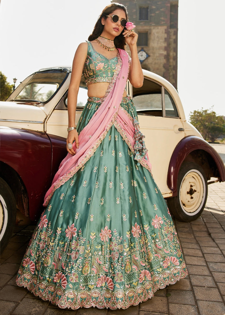 Zomp Green Georgette Lehenga Choli with Sequins and Floral Embroidery - House of Sarvati LLC