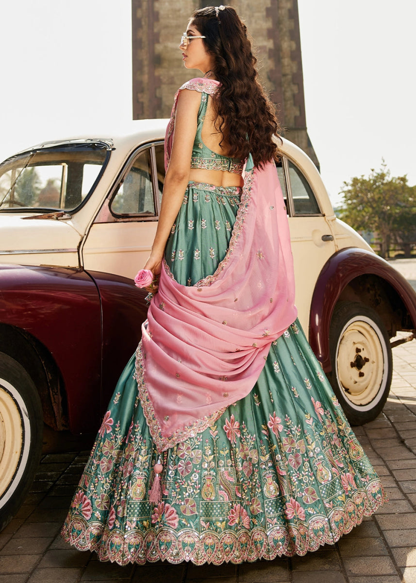 Zomp Green Georgette Lehenga Choli with Sequins and Floral Embroidery - House of Sarvati LLC