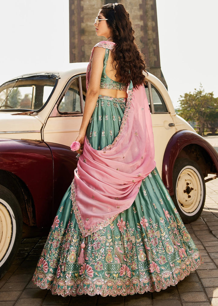 Zomp Green Georgette Lehenga Choli with Sequins and Floral Embroidery - House of Sarvati LLC