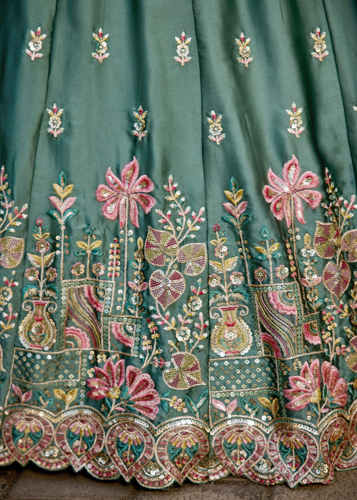 Zomp Green Georgette Lehenga Choli with Sequins and Floral Embroidery - House of Sarvati LLC