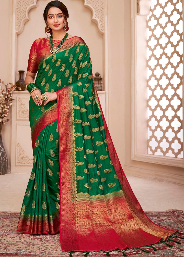 Forest Green Woven Banarasi Silk Saree with Overall Butti work