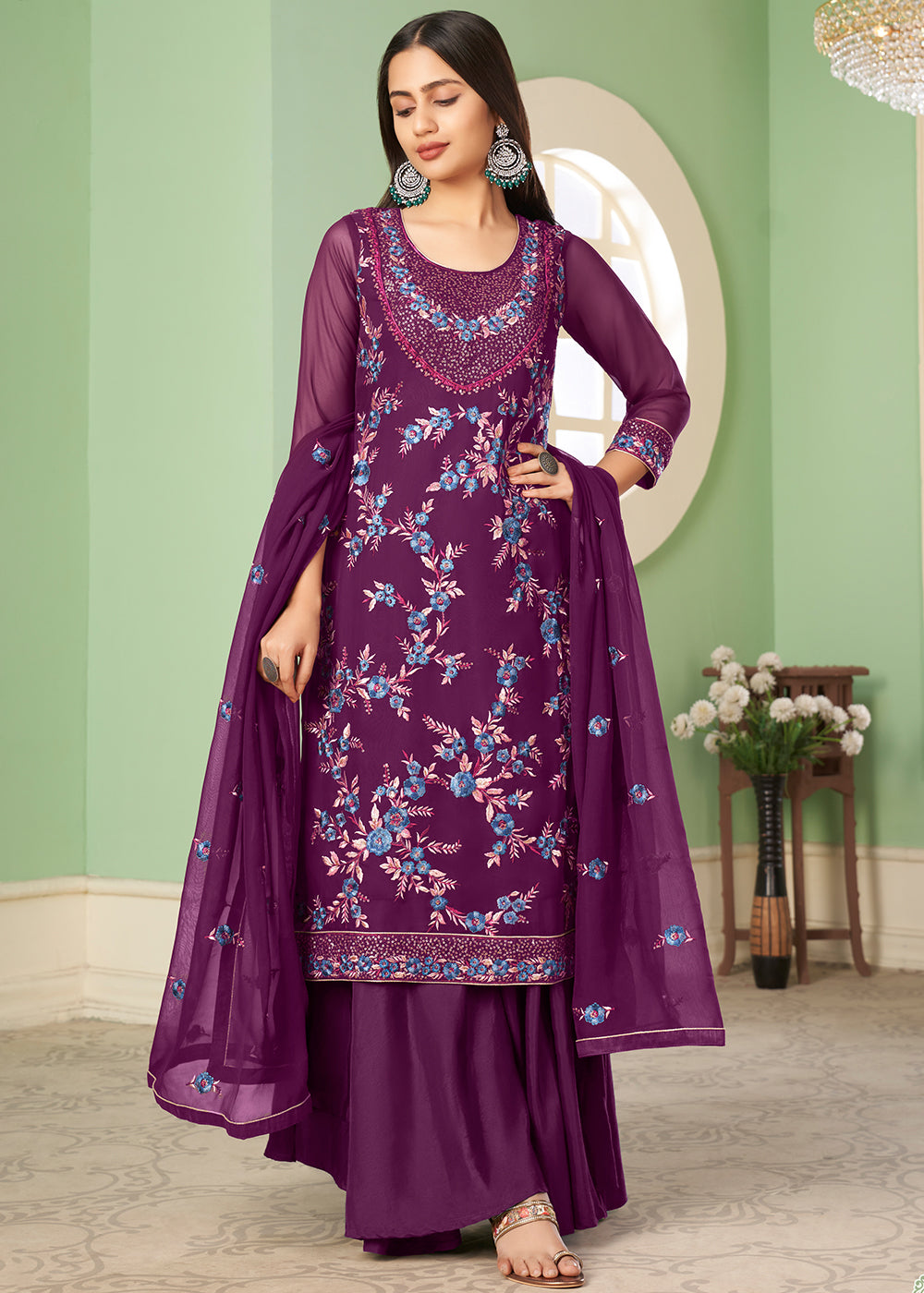Purple Color Party Wear Designer Indo-Western Plaazo Suit :: MY SHOPPY  LADIES WEAR